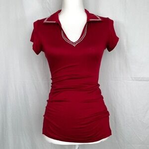 deadstock y2k red v-neck short sleeve top with rhinestone detailing on trim